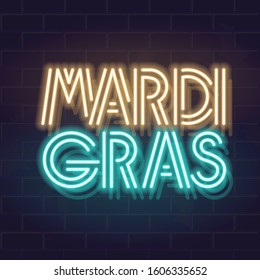 Neon mardi gras headline typography. Text for logo of title of carnival event. Isolated vector glowing letters on brick wall background.