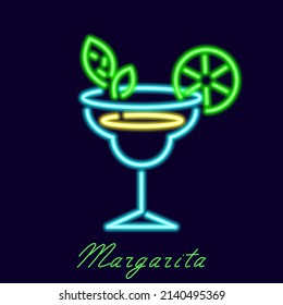 Neon margarita cocktail. Long drink drink in luminous glass with slice of green lime and mint. Abstract refreshing sour with classic nice vector flavor