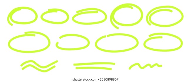 Neon Marker highlight oval frame set. Doodle highlight line. Hand drawn sketch. Highlighting text and important objects. Round scribble frames. Stock vector illustration on white background.