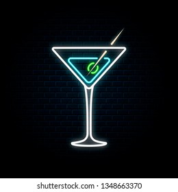 Neon martini glass with olive. Vector isolated illustration. Icon for night bar background. Led luminous sign for cocktail restaurant signboard.