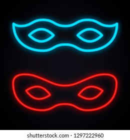 Neon mask sign. Glowing costume party. Bright masquerade symbol