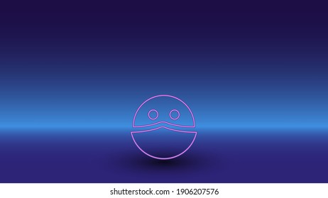 Neon masked face symbol on a gradient blue background. The isolated symbol is located in the bottom center. Gradient blue with light blue skyline