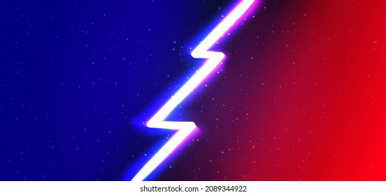 Neon match race lightning background. Electric explosion. Blue and red opponent challenge design. Modern electric neon.