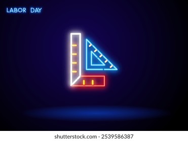 Neon math instruments icons set in line style. Protractor and ruler, compasses and square, theory book and abacus. Vector illustration.