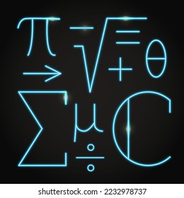 Neon math symbols on dark background. Mathematical letters and signs. Vector illustration.