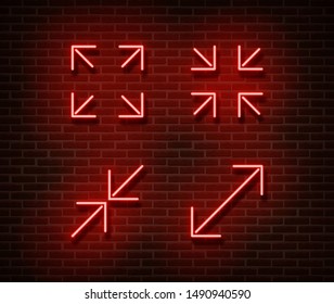 Neon maximize, minimize screen signs vector isolated on brick wall. Video player light symbol, decoration effect. Neon resize video player illustration.