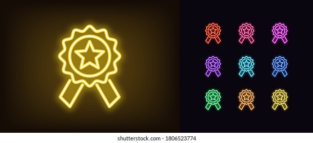 Neon medal icon. Glowing neon award sign, medallion with star in vivid colors. Game reward, esports achievement, cyber sport event, winner. Icon set, sign, symbol for UI. Vector illustration