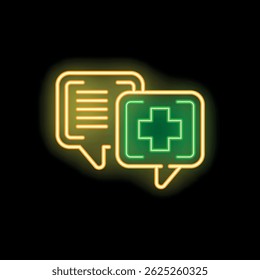 Neon medical consultation icon glowing on dark background representing online healthcare and digital medical advice