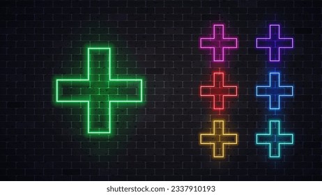 Neon medical cross sign. Medical symbol set. Vector illustration