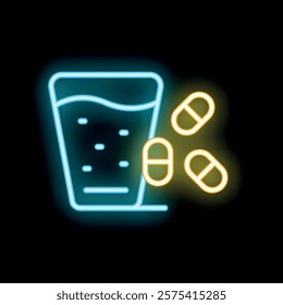 Neon medical icon depicting pills falling into a glass of water, representing the concept of taking medicine