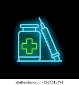 Neon medical icon glowing with syringe and medicine bottle on dark background