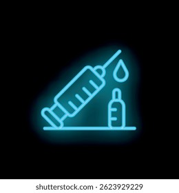 Neon medical icon of a syringe dripping with liquid and a vial glowing on a black background