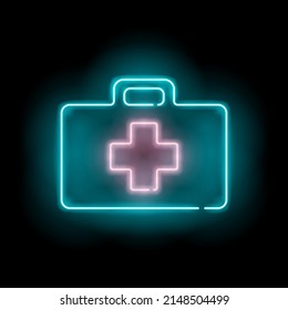 Neon Medical Kit Template. Neon Style. Poster On The Wall. Vector Illustration. Modern Glowing Banner Design. Medical Suitcase Neon Sign. Red And Blue Colors.