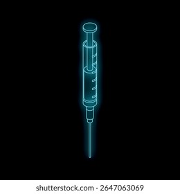 Seringa médica neon injetando vacina, medicamento ou medicamento sobre fundo preto