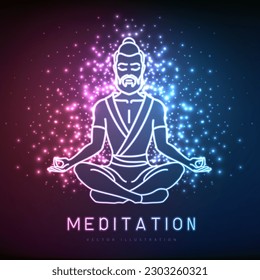 Neon meditating man silhouette on outer space background. Vector illustration
