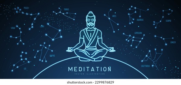 Neon meditating man with zodiac constellations in the night sky. Set of Zodiac signs. Vector illustration