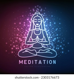 Neon meditating woman silhouette on outer space background. Vector illustration