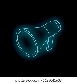 Neon megaphone glowing with blue light on dark background symbolizing communication