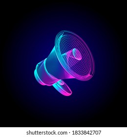 Neon megaphone. Glowing bullhorn speaker sign. Vector illustration in ultraviolet wireframe line-art style on a dark background