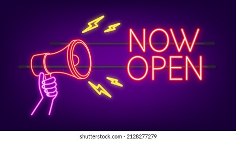 Neon megaphone label with now open. Megaphone banner. Web design. Vector stock illustration