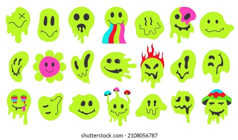 Neon melting smiling faces, retro doodle dripping smile emoji. Psychedelic groovy characters, graffiti vector illustration set