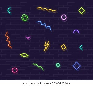 Neon memphis geometric background. Night illuminated glowing figures on brick wall background.