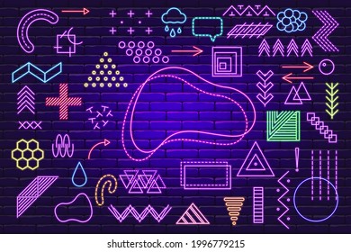 Neon Memphis geometric elements for design. Vector illustration for web, sale, posters, advertising, template, promotion. Glowing Memphis sign.