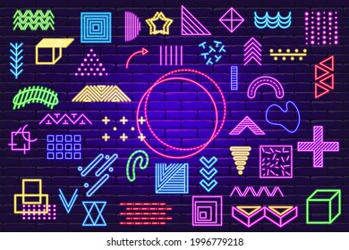 Neon Memphis geometric elements for design. Vector illustration for web, sale, posters, advertising, template, promotion. Glowing Memphis sign.