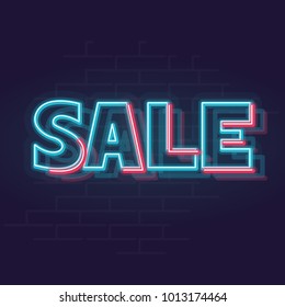 Neon memphis sale sign. Blue and pink glowing trendy geometric 1980s style sale word. Square line art style neon illustration on brick wall background.