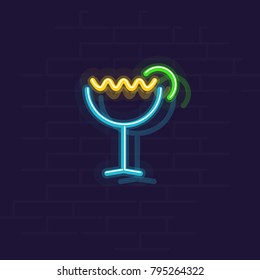 Neon memphis style margarita cocktail. Served in glass cocktail bar sign. Geometric style illustration on brick wall background.