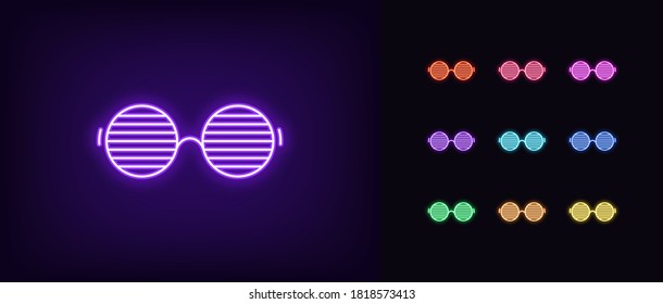 Neon men glasses icon. Glowing neon sunglasses with round shapes, vivid eyewear. Fashion glasses, goggles with shutter, eye mask, party accessory. Icon set, sign, symbol. Vector illustration