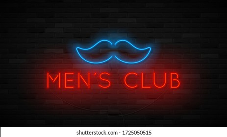 Neon Herren Club Label Vorlage. Helles Symbol mit Neonmustache. Das Clubkonzept der Striptease ist auf einer dunklen Ziegelwand isoliert. Vector-Abbildung.