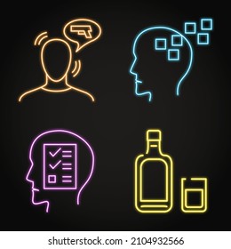 Neon mental disorders icon set in line style. Obsessive compulsive, PTSD, amnesia and alcoholism symbols. Vector illustration.