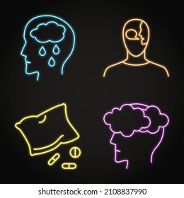 Neon mental disorders icon set in line style. Depression, insomnia, schizophrenia and dysthymia symbols. Vector illustration.