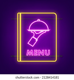 Neon Menu book. Food menu design template. Cafe and restaurant book. Vector stock illustration.