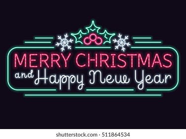 Neon merry christmas and happy new year vector sign, xmas lights shopping billboard