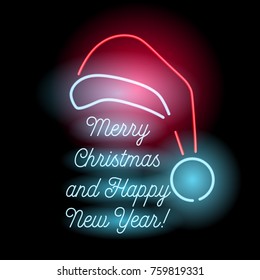 Neon Merry Christmas and Happy New Year sign. Illuminated text and Santa's hat on black background.