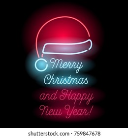 Neon Merry Christmas and Happy New Year sign on black background. Glowing text and Santa's Hat.