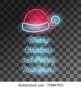 Neon Merry Christmas And Happy New Year Sign With Santa's Hat. Illuminated Text On Transparent Effect Background.