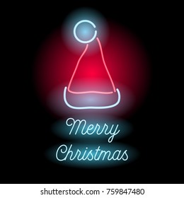 Neon Merry Christmas sign. Glowing text and Santa's hat on black background.