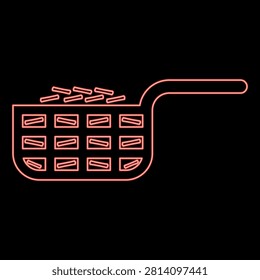 Neon mesh basket with potato for deep fryer with handle and french frie kitchen appliance for fast food concept roast product in hot oil Air fryer red color vector illustration image flat style light