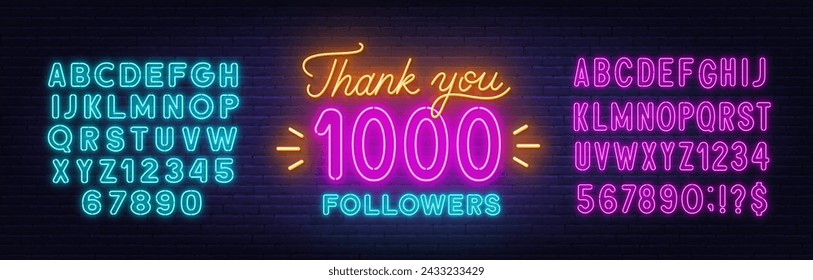 Neon message Thank You 1000 Followers on brick wall background. Template with numbers to celebrate the increase in blog subscribers