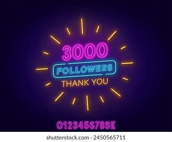 Neon message Thank You 3000 Followers on a dark background. Template with numbers to celebrate the increase in blog subscribers