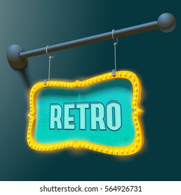 Neon metal signboard with retro inscription and gold glowing lamps hanging on chains vector Illustration