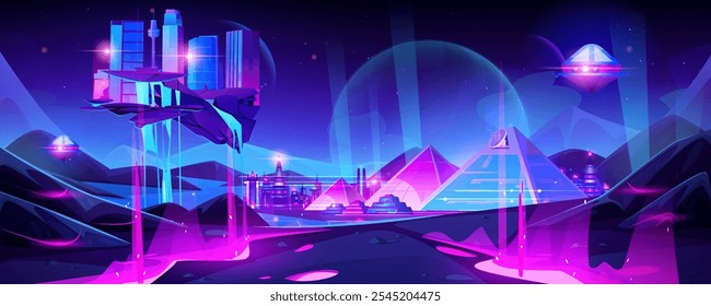 Neon metaverse tech city background with pyramid. Futuristic egypt cityscape for virtual reality hologram. Night skyline with smart floating town island. Global cyber innovation graphic vector