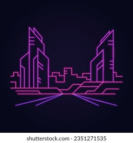 Neon metropolis in 80s retro vaporwave style. Outline city street road view background.