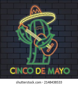 Neon mexican cactus with guitar and in sombrero.Text fifth of May in Spanish. Vector illustration.