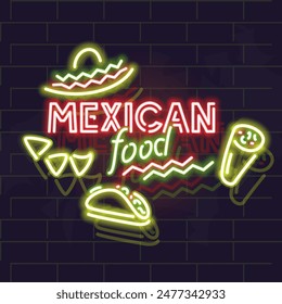 Neon mexican food poster. Typography with taco, burrito, nachos silhouettes on brick wall background.