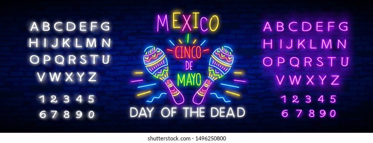 Neon Mexican icons. Icon from Cinco De Mayo. Mexico neon sign. Day of the Dead Dia de Muertos . Neon sign, bright signboard, light banner. Cactus in sombrero in neon style