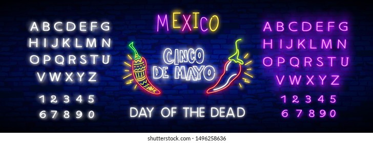 Neon Mexican icons. Icon from Cinco De Mayo. Mexico neon sign. Day of the Dead Dia de Muertos . Neon sign, bright signboard, light banner. Cactus in sombrero in neon style